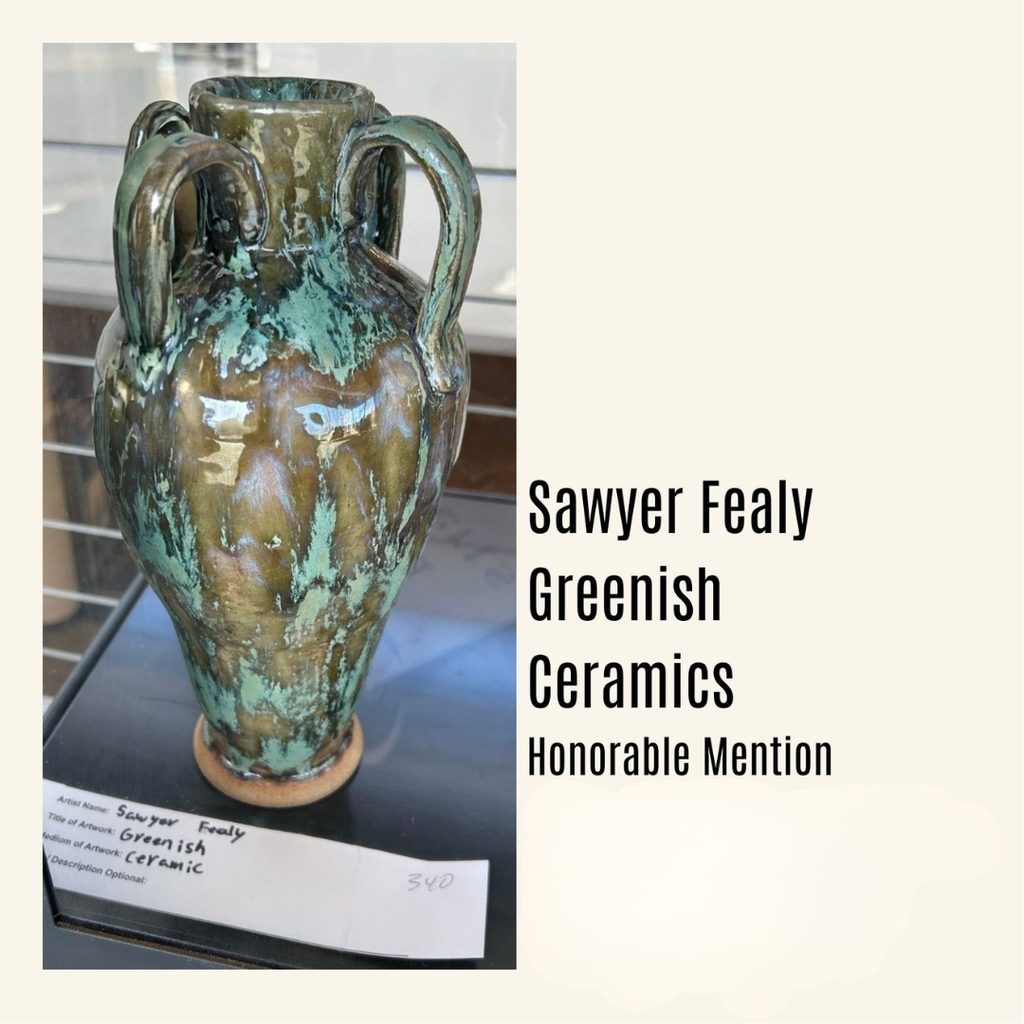 4 handle tall vase with green and brown glaze