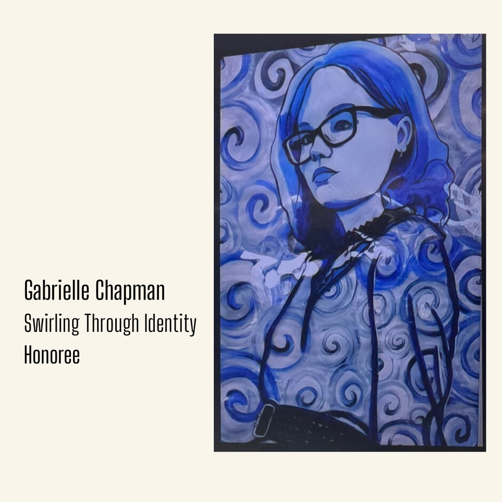 Blue, black, white painitng of girl in profile