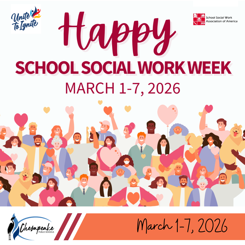 colorful cartoon humans with hearts and text that says Happy Social School WOrk Week