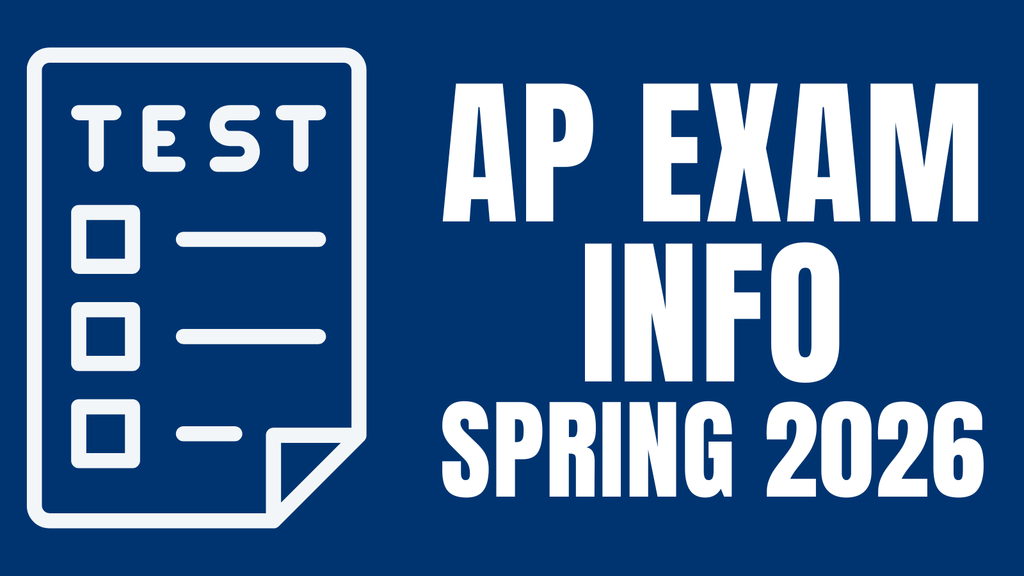 An icon of a test paper with checkboxes and lines is on the left, and the text "AP EXAM INFO SPRING 2026" in a bold, white font is on the right, all on a solid dark blue background.