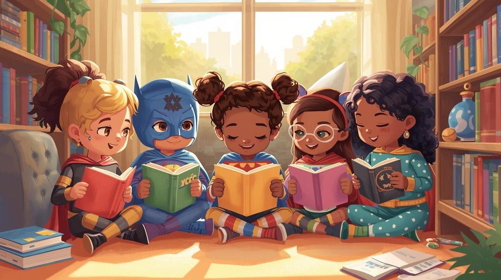 Cartoon image of 5 kids reading books dressed as super heroes.