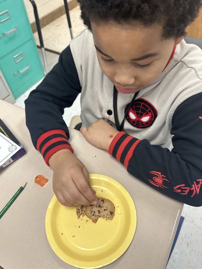 A close up of a second grade student mimicking the effects of erosion using a toothpick on a chocolate chip cookie