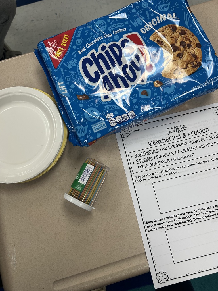 cookie erosion activity materials - paper plates, toothpicks, chocolate chips cookies, and guiding worksheet