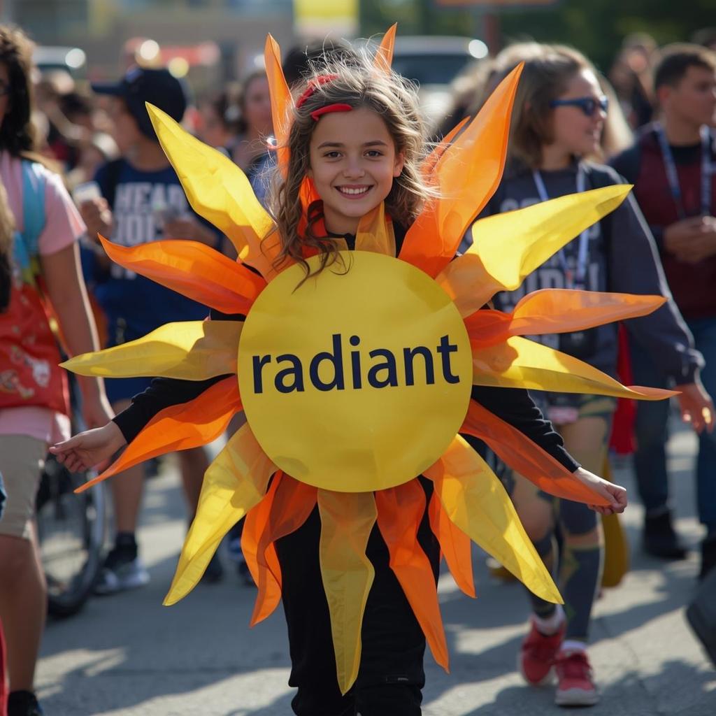 student dressed as a sun wearing the word radiant