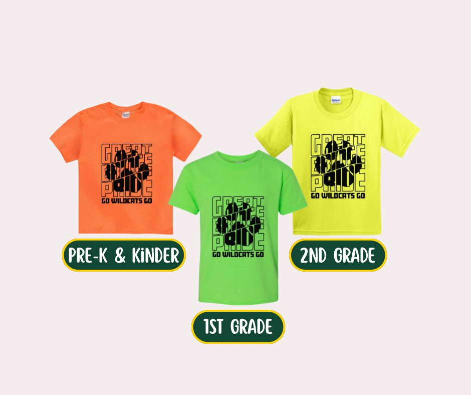 grade level neon spirit shirts for students: PK/K- orange, 1- green, 2- yellow