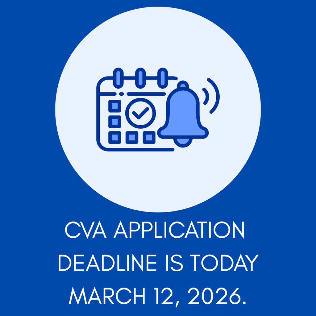 blue background with Reminder CVA Application deadline is today March 12, 2026