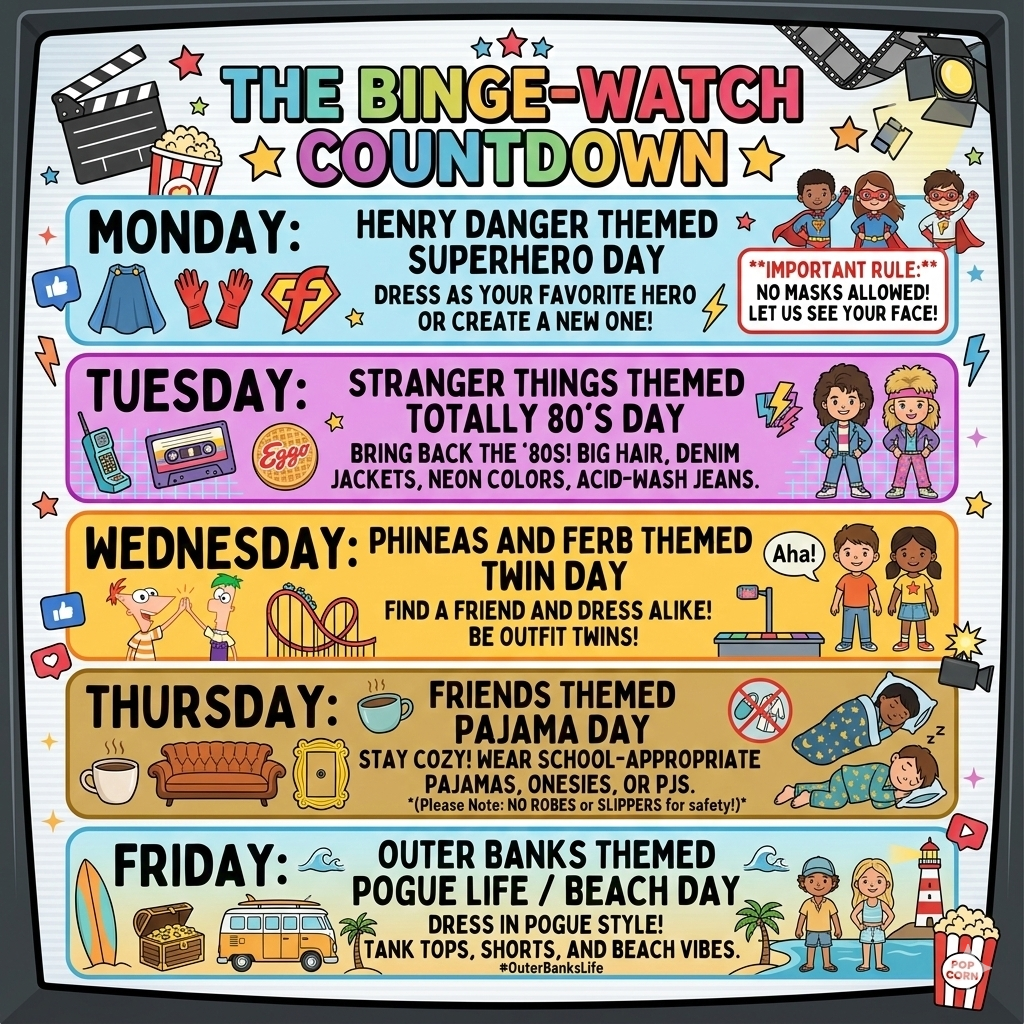 The Binge Watch Countdown, Monday: Henry Danger Themed Superhero Day, dress as your favorite hero or create a new one. Important rule: no masks allowed! Let us see your face! Tuesday: Stranger Things themed totally 80s day, bring back the 80s! Big hair, denim jackets, neon colors, acid wash jeans. Wednesday: Phineas and Ferb Themed Twin Day, find a friend and dress alike! Be outfit twins! Thursday: Friends themed pajama day, stay cozy! Wear school appropriate pajamas, onesies, or PJs, please note: no robes or slippers for safety! Friday: Outer Banks Themed pogue life, beach day, dress in pogue style! Tanks tops, shorts, and beach vibes #Outerbankslife