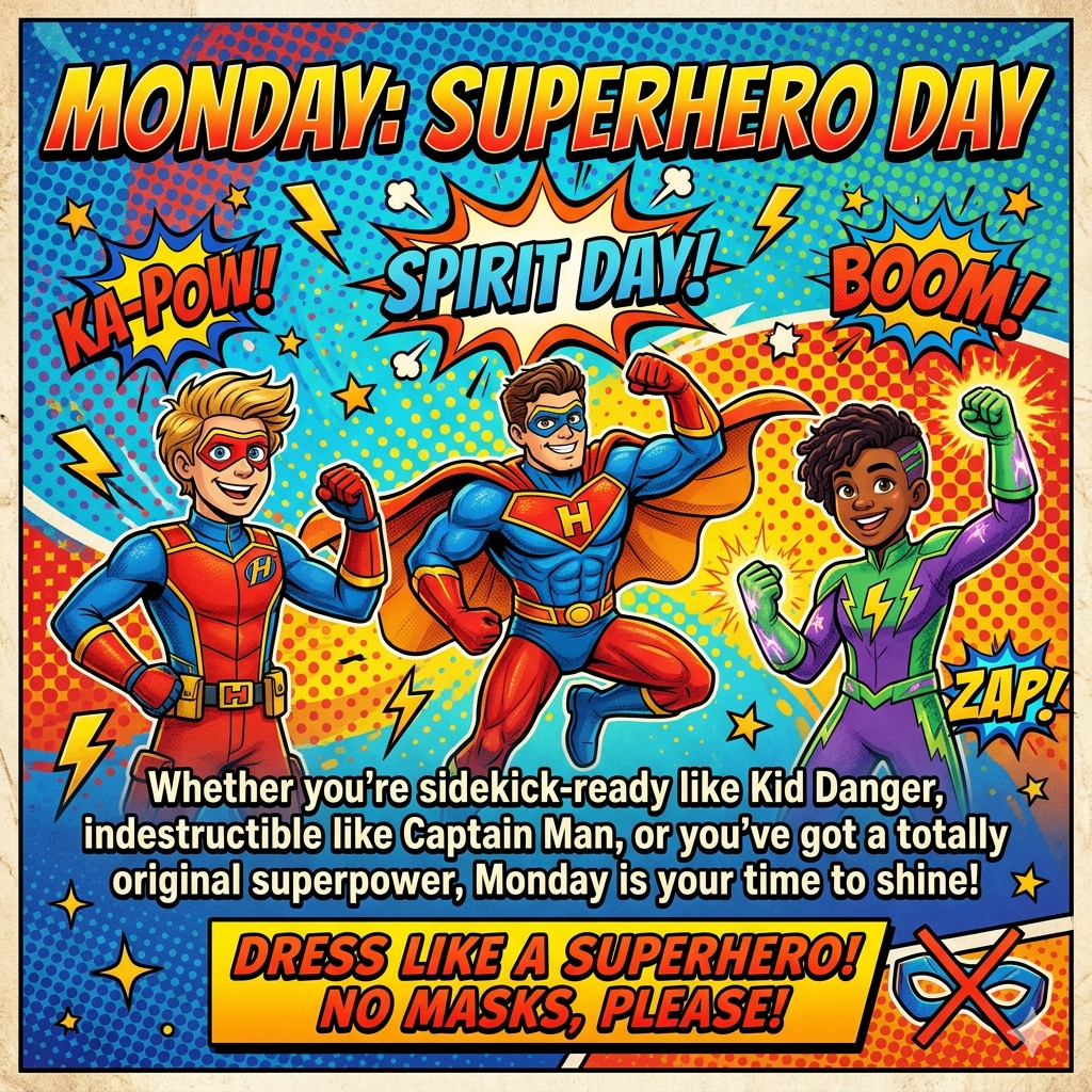Monday: Superhero Day, Ka-Pow, Spirit Day, Boom!, Whether you're sidekick ready like Kid Danger, indestructuble like Captain Man, or you've got a totally original superpower, Monday is your time to shine! Dress like a superhero, no masks please