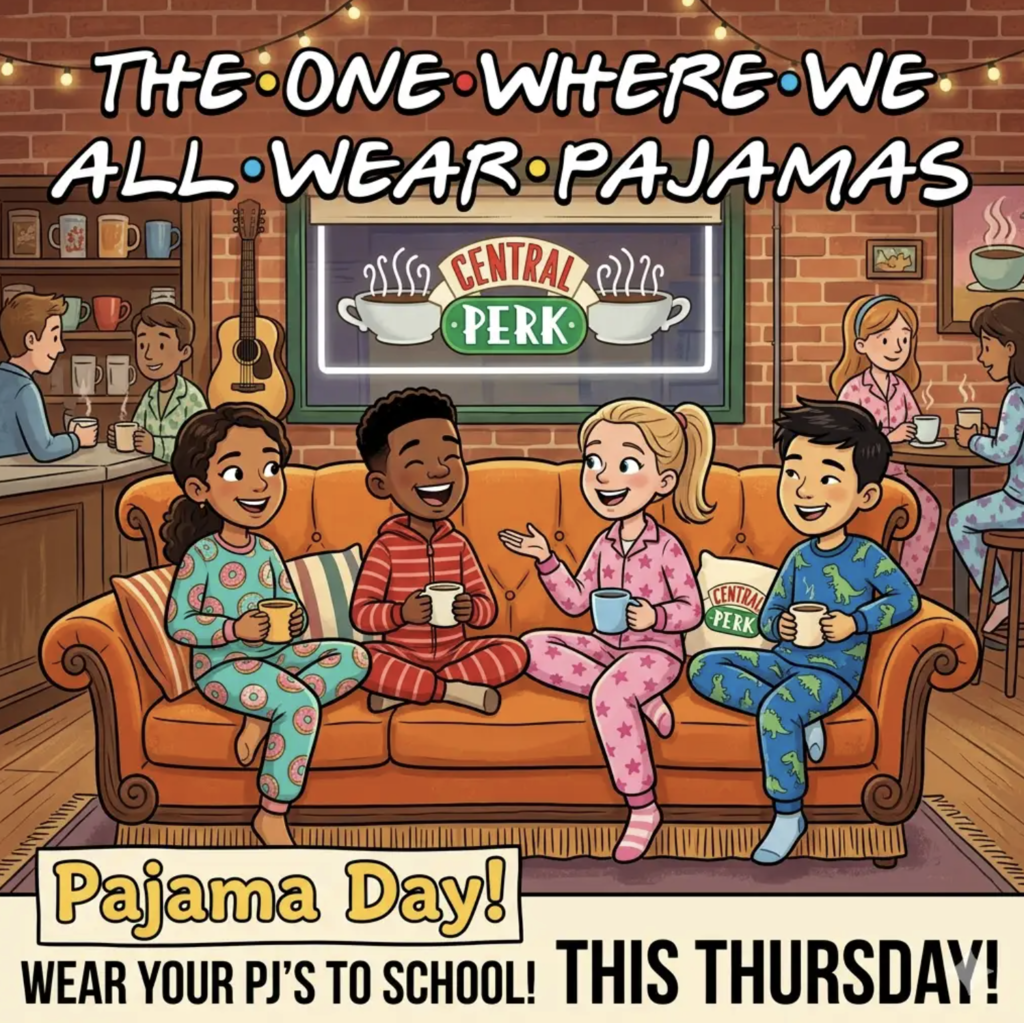 The one where we all wear pajams, pajama day! Wear your PJS to school! This Thursday! Kids sitting in the Central Perk  coffee shop 