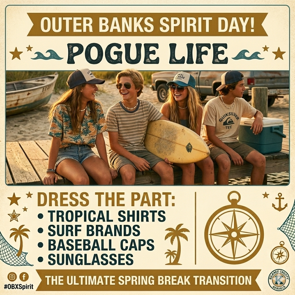 Outer Banks Spirit Day Pogue Life, Dress the Part: Tropical shirts, surf brands, baseball caps, sunglasses, the ultimate spring break transition, Kildare County school logo