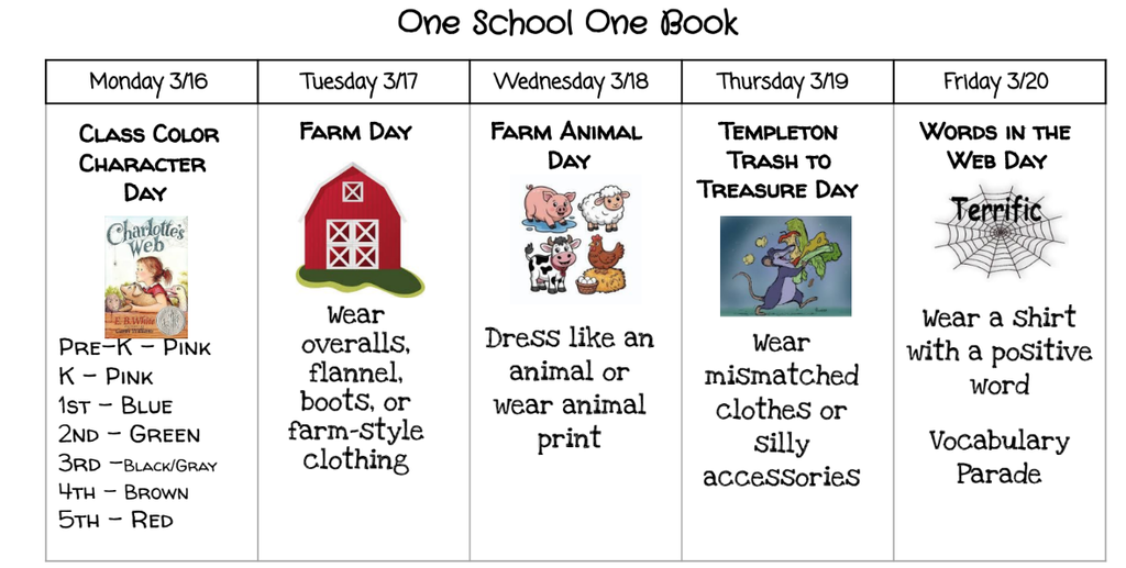 Literacy Month Spirit Week Calendar 