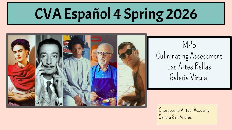 a Google slide page with a picture of 5 Latino painters with class name and teacher name and Spring 2026 title
