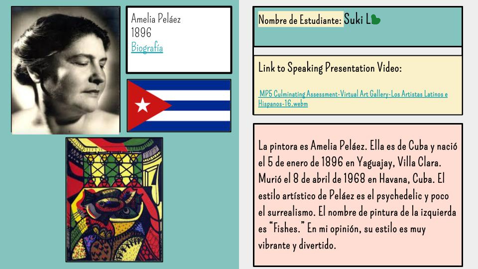 a Google slide page with a picture of painter Pelaez a piece of artwork and a description written by a student