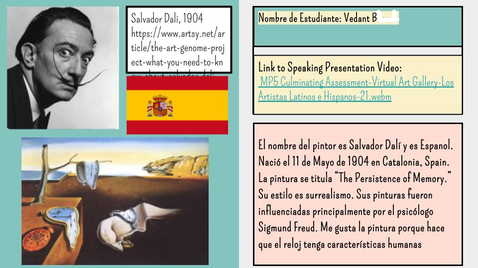 a Google slide page with a picture of painter Dali, a piece of artwork and a description written by a student