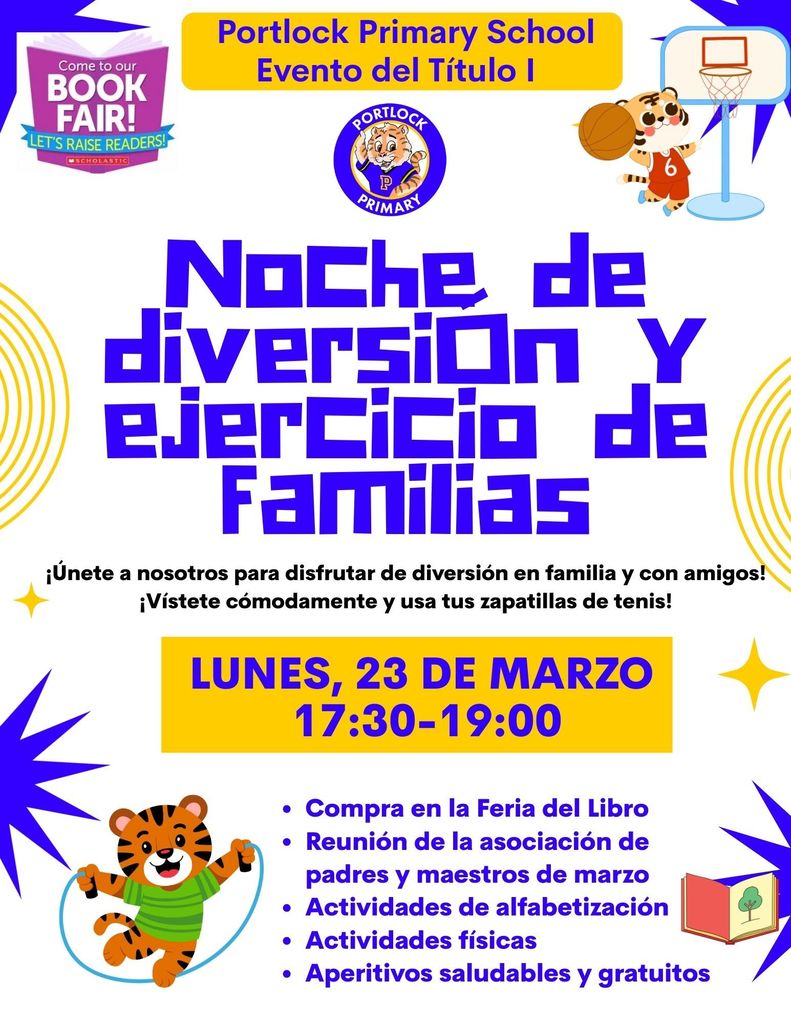 Noche de diversion y ejercicio de Familias lunes, 23 de marzo 17:30-19:00 Portlock Primary School 