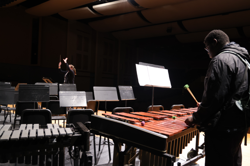 choral director in action while a student practices and follows her direction
