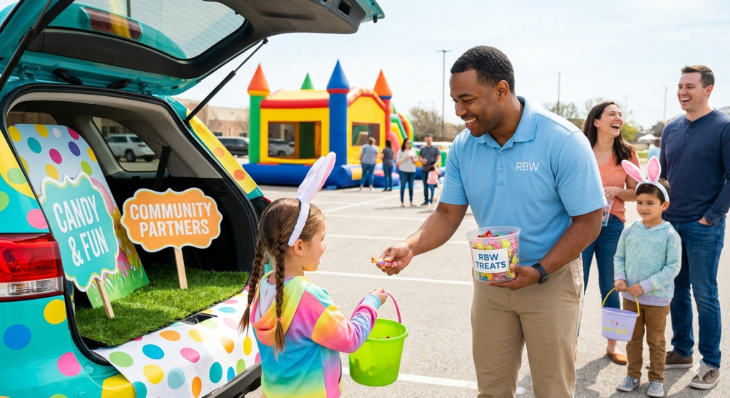 Images of the Families stopping at car to get candy for the Trunk Hop.