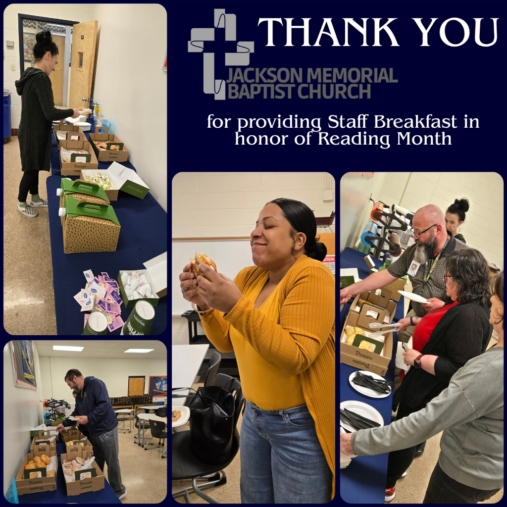 A collage of four photos titled "Thank You Jackson Memorial Baptist Church for providing Staff Breakfast in honor of Reading Month." The images show a diverse group of staff members in a school or office setting happily selecting Panera Bread bagels, pastries, and coffee from a long table. In the central, largest photo, a woman in a yellow sweater closes her eyes with a joyful, appreciative smile as she prepares to eat a bagel, capturing a moment of genuine delight and community spirit.