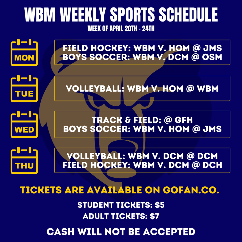 A navy blue and gold weekly sports schedule for Western Branch Middle School covering April 20th to 24th. The graphic features a gold Bruins bear mascot head in the background. Yellow calendar icons on the left mark Monday through Thursday, listing matchups for Field Hockey, Boys Soccer, Volleyball, and Track and Field at various locations. Footer text states student tickets are five dollars and adult tickets are seven dollars, with a reminder that tickets are available on GoFan.co and cash is not accepted. The visual style is bold, organized, and school-spirited.