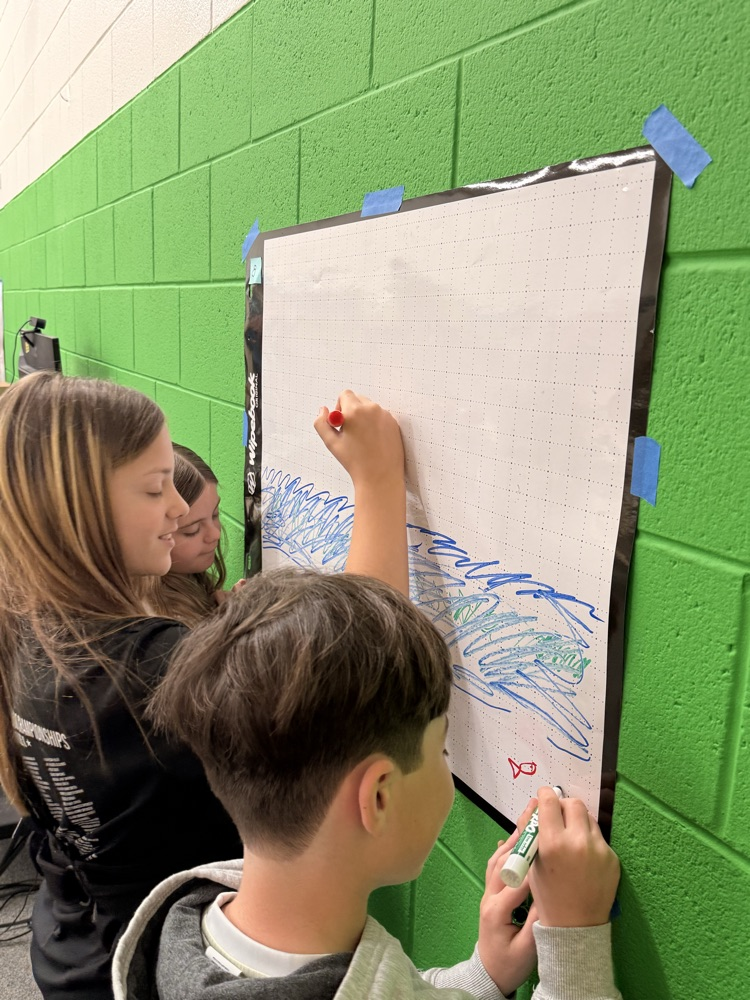 Students create a visual diagram on a whiteboard to explain the concept “we all live downstream” and how ecosystems are connected.