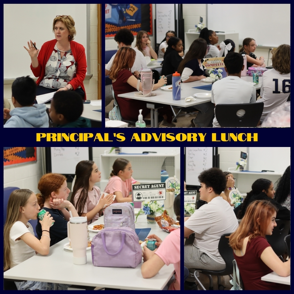 A collage of four photos showing the Principal's Advisory Lunch at Western Branch Middle School. The top left image shows a female principal in a red cardigan speaking to students. Other images show groups of middle school students sitting at cafeteria tables with food and drinks, engaged in conversation. The tables feature "Secret Agent" and "Mission Complete" themed decorations. The atmosphere is collaborative, energetic, and focused. The center of the collage features the text "Principal's Advisory Lunch" in gold lettering against a navy blue background.