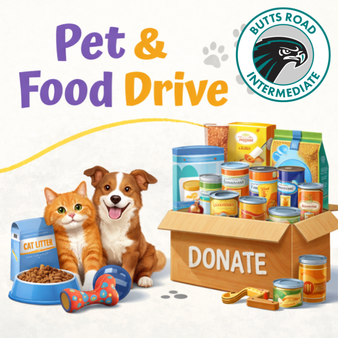 Graphic showing a dog and cat next to pet supplies and a box of canned food donations, representing a school pet supply and food drive.