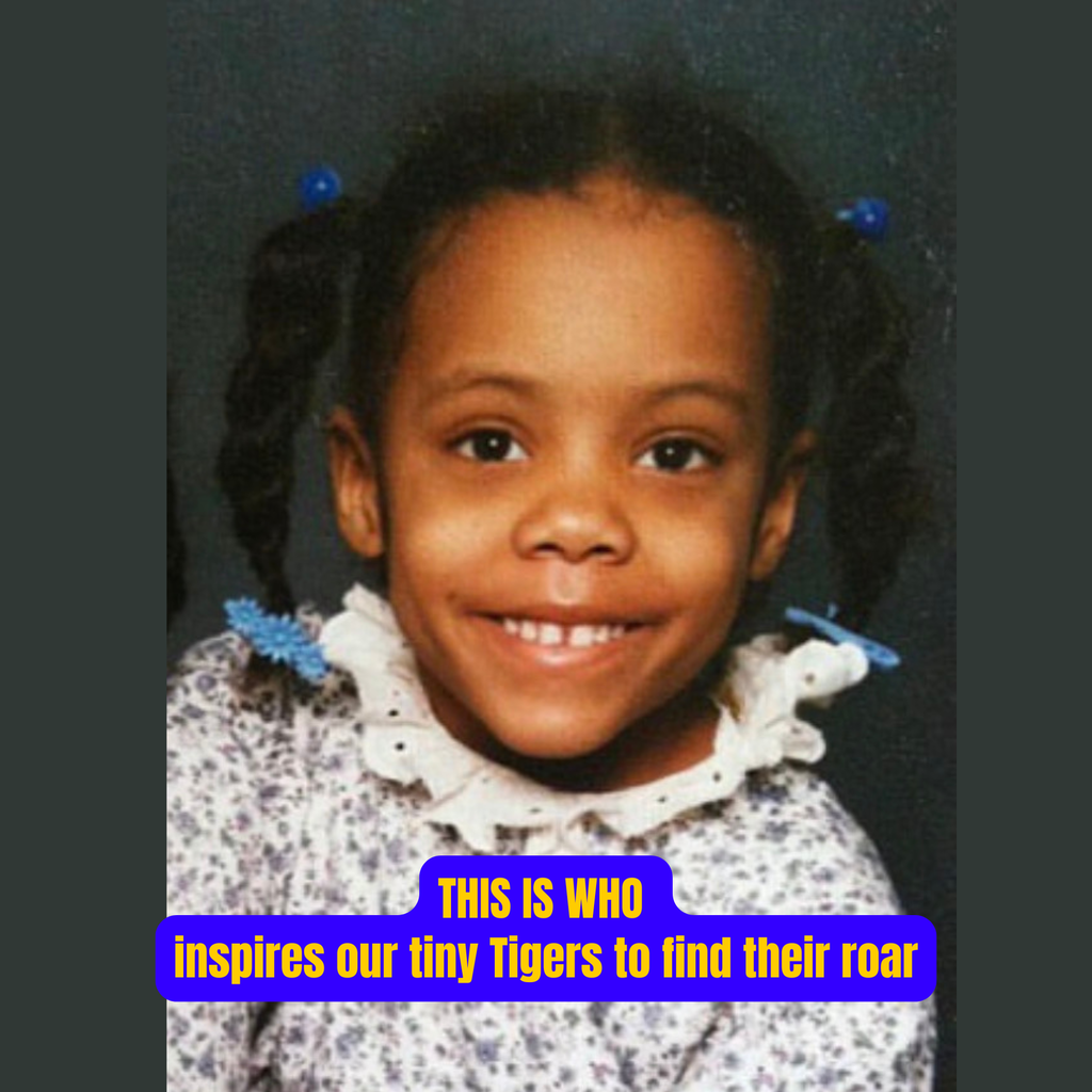 Highlighting Kindergarten enrollement with a picture of a principal as a child: "This is who inspires our tiny tigers to find their roar"