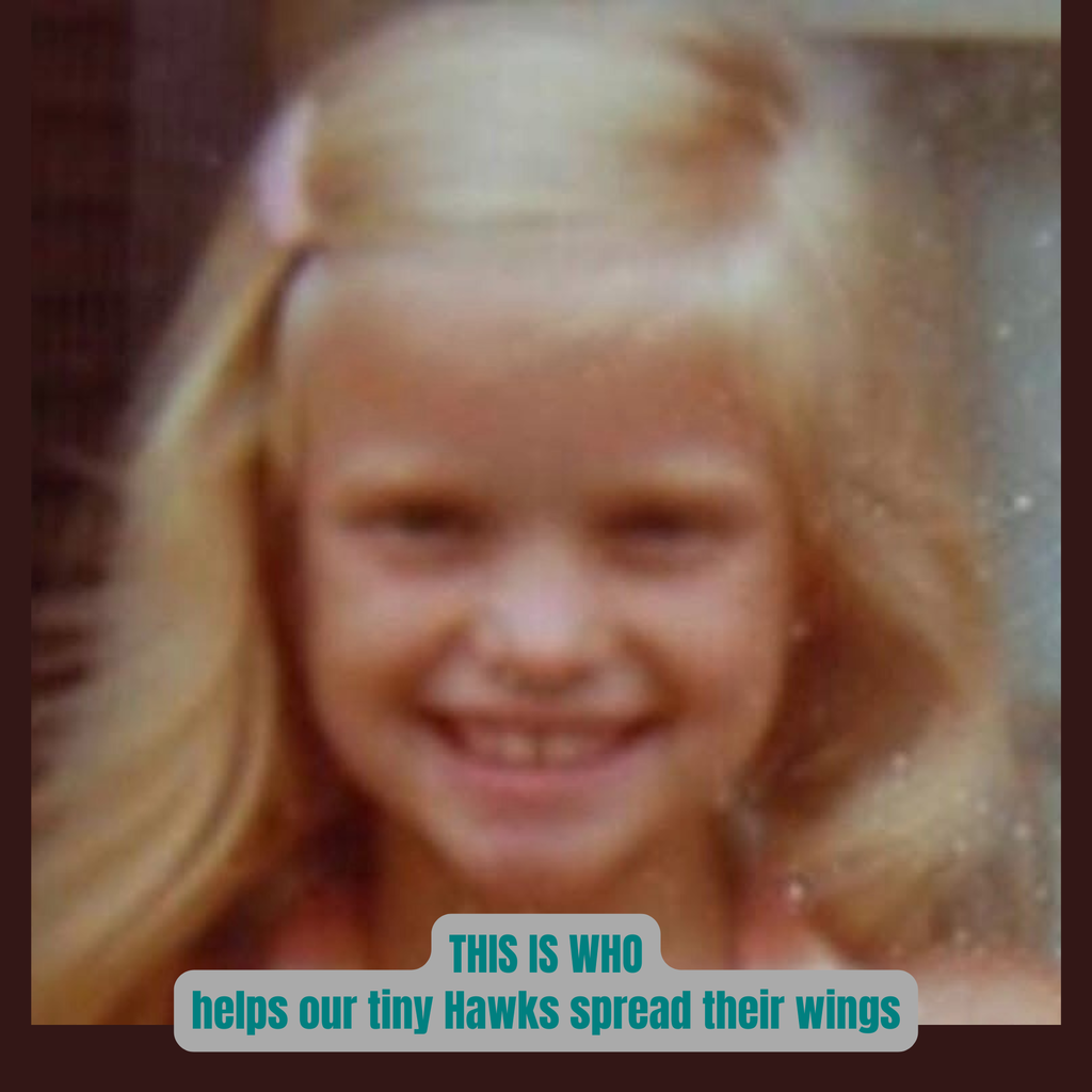 Highlighting Kindergarten enrollement with a picture of a principal as a child: "This is who helps our tiny hawks spread their wings