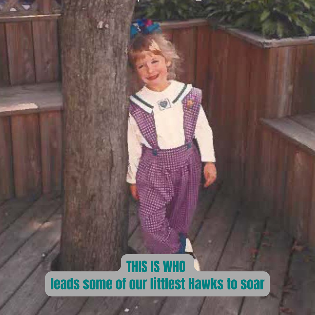 Highlighting Kindergarten enrollement with a picture of a principal as a child: "This is who leads some of our littest Hawks to soar"