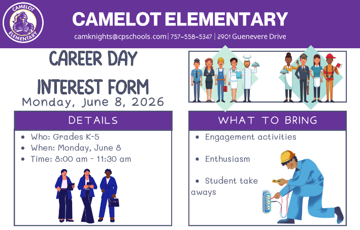 flyer: Camelot's career day is Monday, June 8th. Camelot is asking for volunteers.