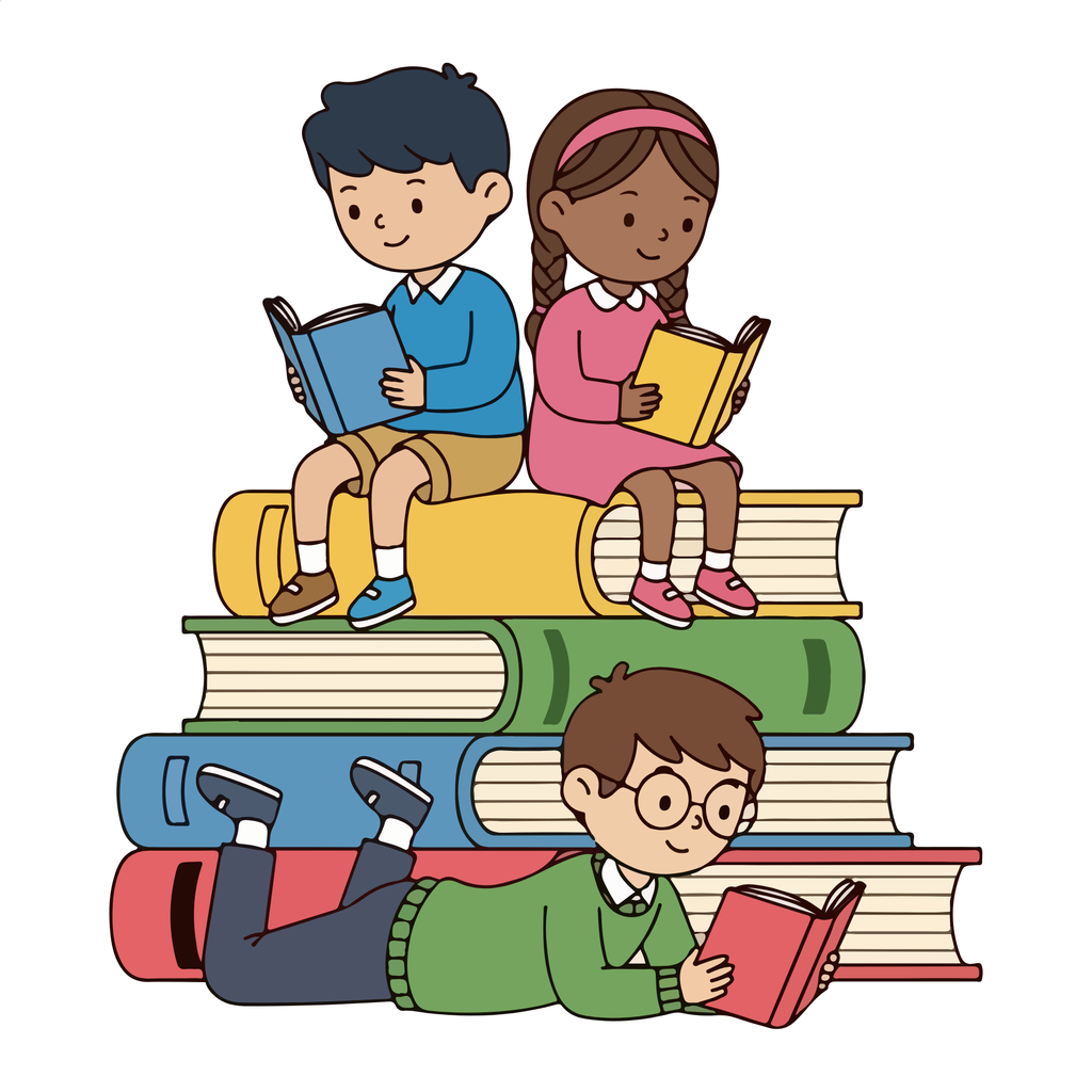 students sitting on a stack of books reading 