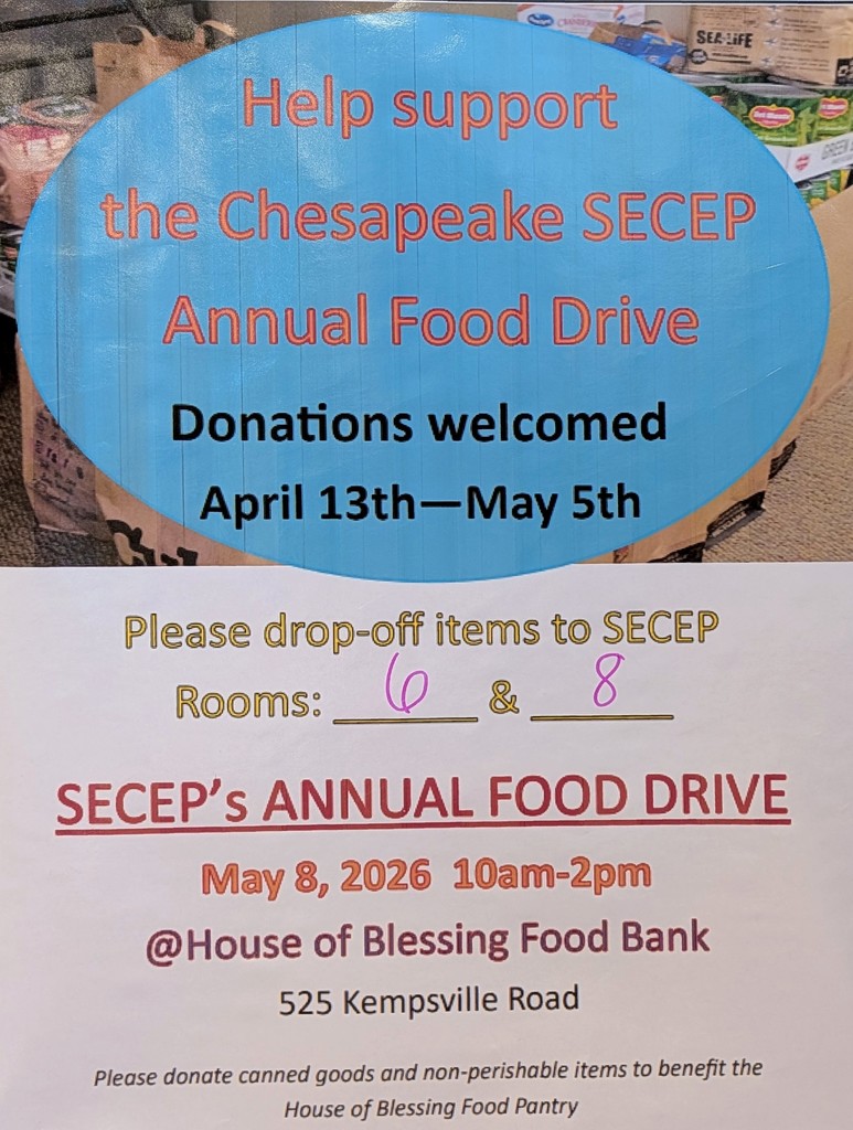 SECEP food drive flyer. collecting donations between April 13th to May 5th