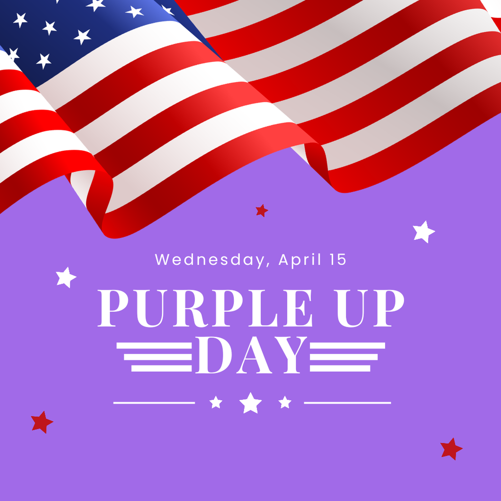 Wednesday, April 15 is Purple Up Day. Graphic is an American flag with a purple background. 