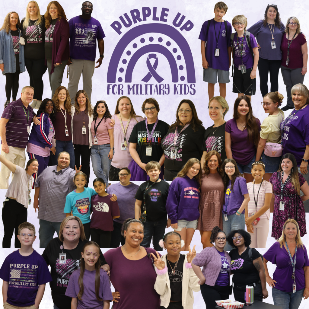 A vibrant photo collage of Western Branch Middle School students and staff members all wearing various shades of purple clothing. The central graphic features a purple rainbow and ribbon with the text Purple Up For Military Kids. The participants are smiling, posing together, and displaying school spirit in a joyful and supportive atmosphere.
