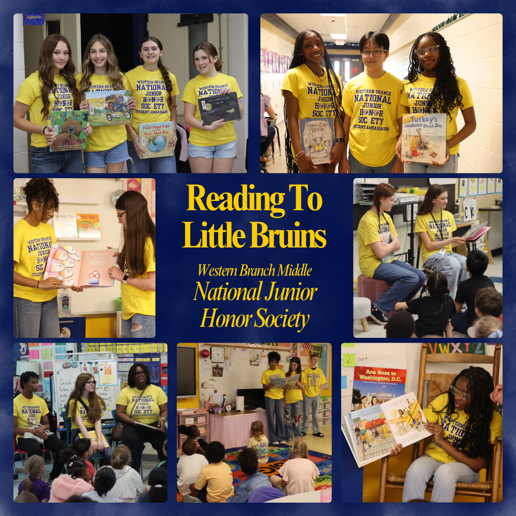 A collage of seven photos featuring Western Branch Middle School NJHS students wearing yellow shirts and reading books to young children in elementary classrooms. The images show middle schoolers sitting in rocking chairs and on the floor, smiling and engaging with attentive little bruins. The atmosphere is warm, educational, and full of school spirit.