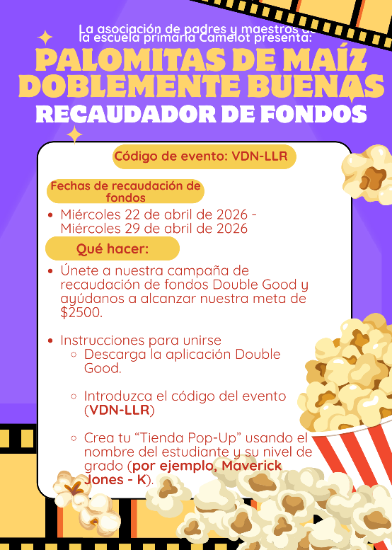 double good popcorn fundraiser flyer for Camelot elementary in spanish