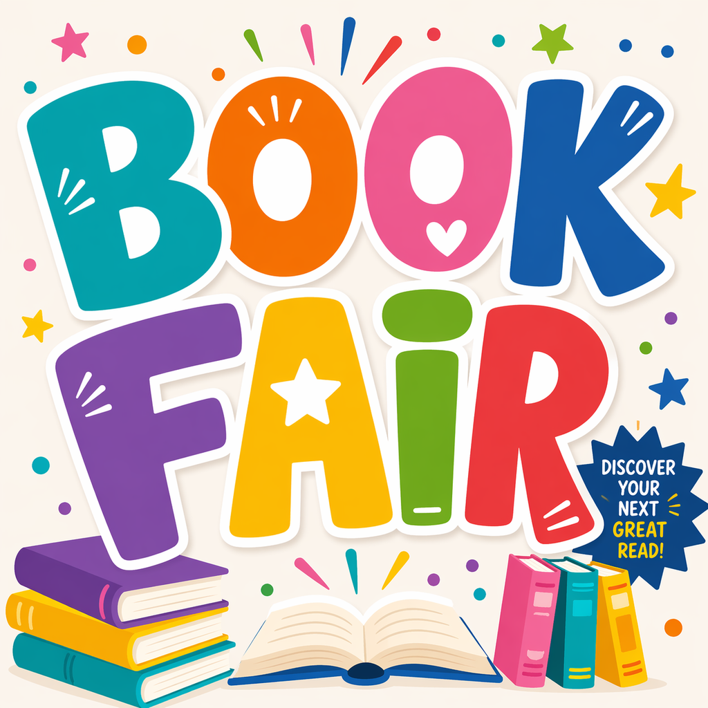A bright, colorful graphic with large, playful letters spelling “BOOK FAIR” in different bold colors. The design features stacks of books, an open book at the bottom, and scattered stars and confetti shapes. A small badge reads “Discover your next great read!” creating a fun and inviting feel for a school book fair.
