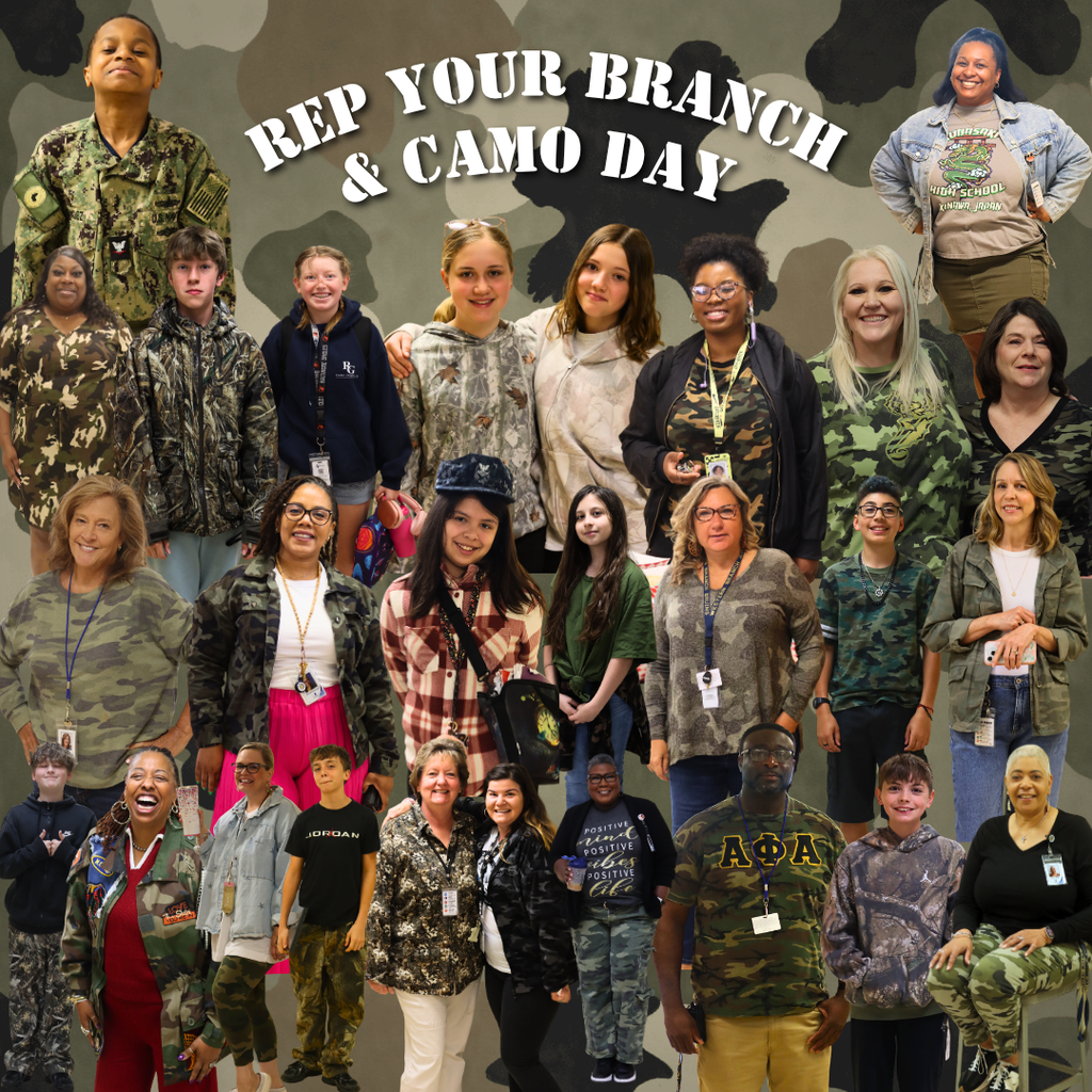 A vibrant digital collage titled Rep Your Branch & Camo Day features over twenty Western Branch Middle School students and staff members. The participants are smiling and posing in a variety of camouflage patterns and military-style jackets against a muted camo background. The atmosphere is energetic and full of school pride.