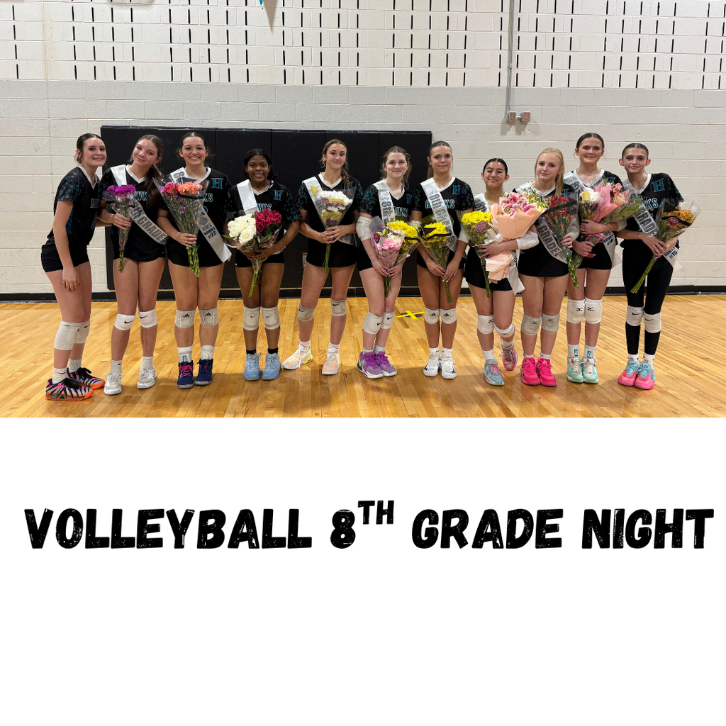 Our 8th Grade volleyball players holding flowers and wearing a sash before their game