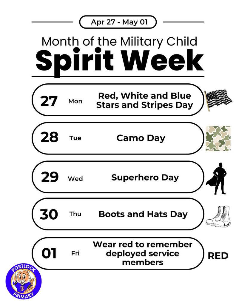 Flyer listing Month of the Military Child spirit week themes for April 27-May 1