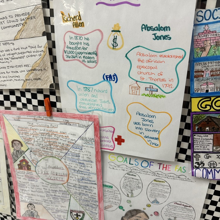 Handmade educational posters displayed on a checkered background. The posters use colorful drawings, diagrams, and handwritten text to profile historical figures and organization goals, featuring names like Richard Allen and Absalom Jones.