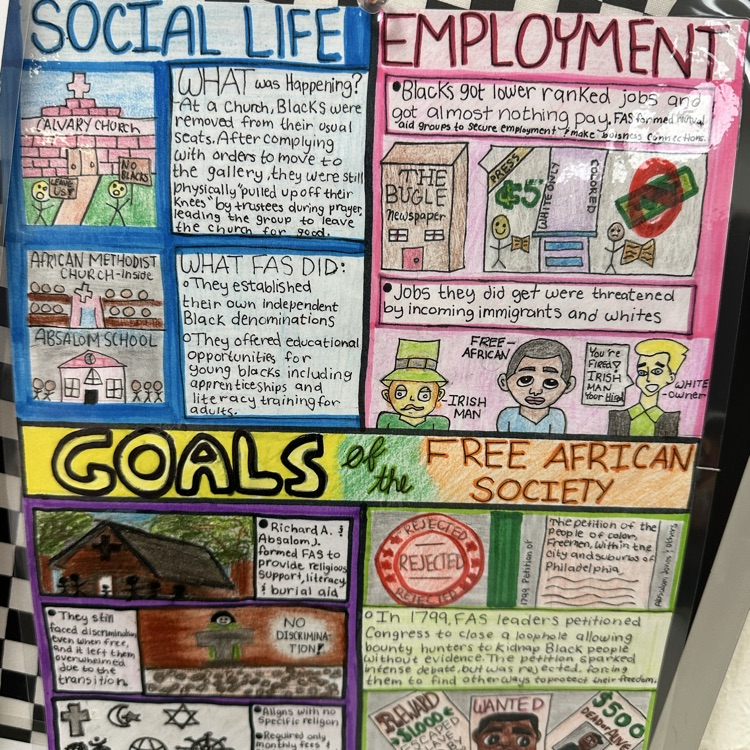 Handmade educational posters displayed on a checkered background. The posters use colorful drawings, diagrams, and handwritten text to profile historical figures and organization goals, featuring names like Richard Allen and Absalom Jones.