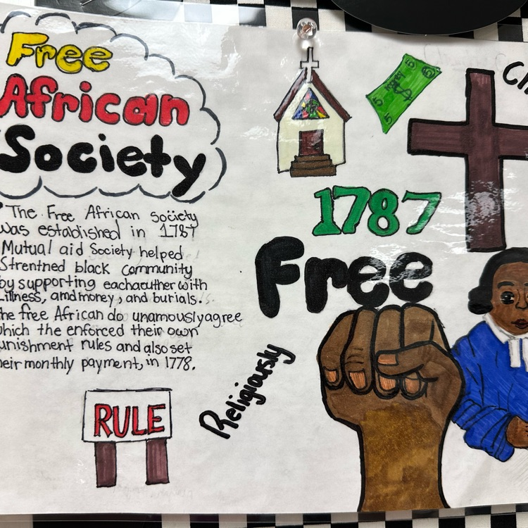 Handmade educational posters displayed on a checkered background. The posters use colorful drawings, diagrams, and handwritten text to profile historical figures and organization goals, featuring names like Richard Allen and Absalom Jones.