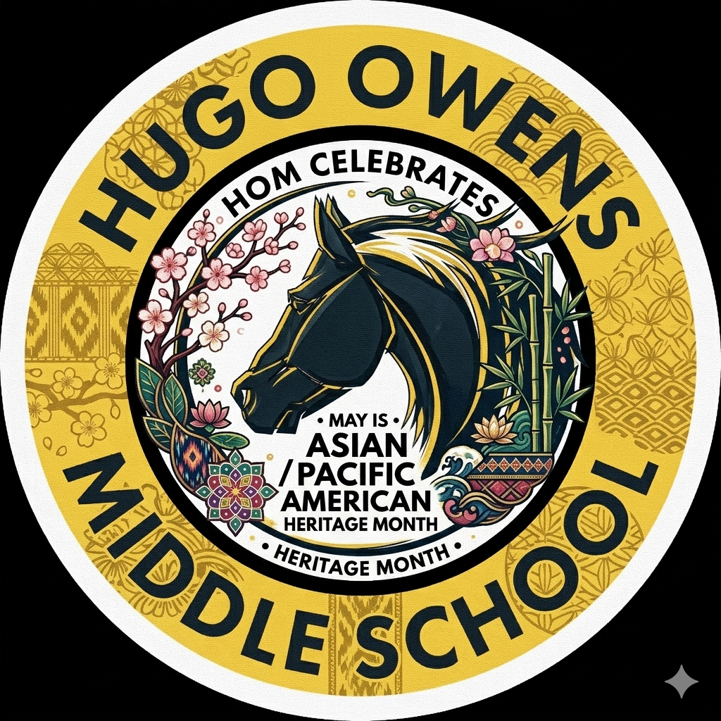 A circular Hugo Owens Middle School logo celebrating Asian / Pacific American Heritage Month features a central mustang profile adorned with cherry blossoms and bamboo, surrounded by intricate cultural patterns. The outer ring contains the school name, while central text declares the celebration with the text "MAY IS ASIAN / PACIFIC AMERICAN HERITAGE MONTH."