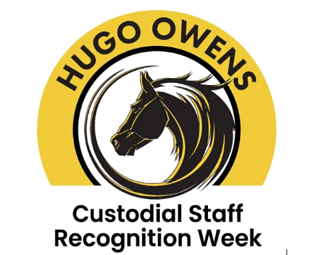 A square graphic with a clean white background. Centered is the Hugo Owens Middle School logo, featuring a black stallion's head inside a yellow and white circular border with the school's name. Below the logo, the words "Custodial Staff Recognition Week" are written in bold, black sans-serif text.