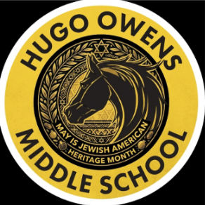 : A circular Hugo Owens Middle School logo celebrating Jewish American Heritage Month features the central black mustang mascot surrounded by a Star of David, olive branches, and pomegranate motifs. The gold and black design includes the school's name on the outer ring and central text that reads, "MAY IS JEWISH AMERICAN HERITAGE MONTH."
