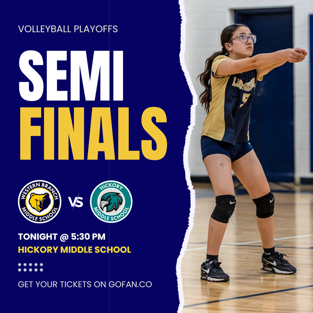 A spirited blue and gold promotional graphic for the Western Branch Middle School volleyball playoffs. On the left, the Western Branch Bruins logo faces the Hickory Middle School Hawks logo for a semifinals matchup tonight at 5:30 PM at Hickory Middle School. On the right, a focused female volleyball player in a navy and gold jersey stands in a ready position on a gym court, prepared to bump the ball. The design is energetic and professional, featuring a torn-paper aesthetic and a link to purchase tickets on GoFan.co.