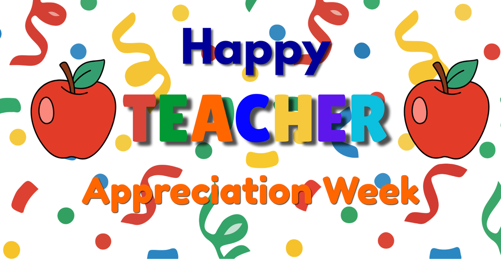 Banner with a colorful confetti background of primary color confetti.  Says Happy Teacher Appreciation Week.  Two red apples are on both sides of the word teacher.
