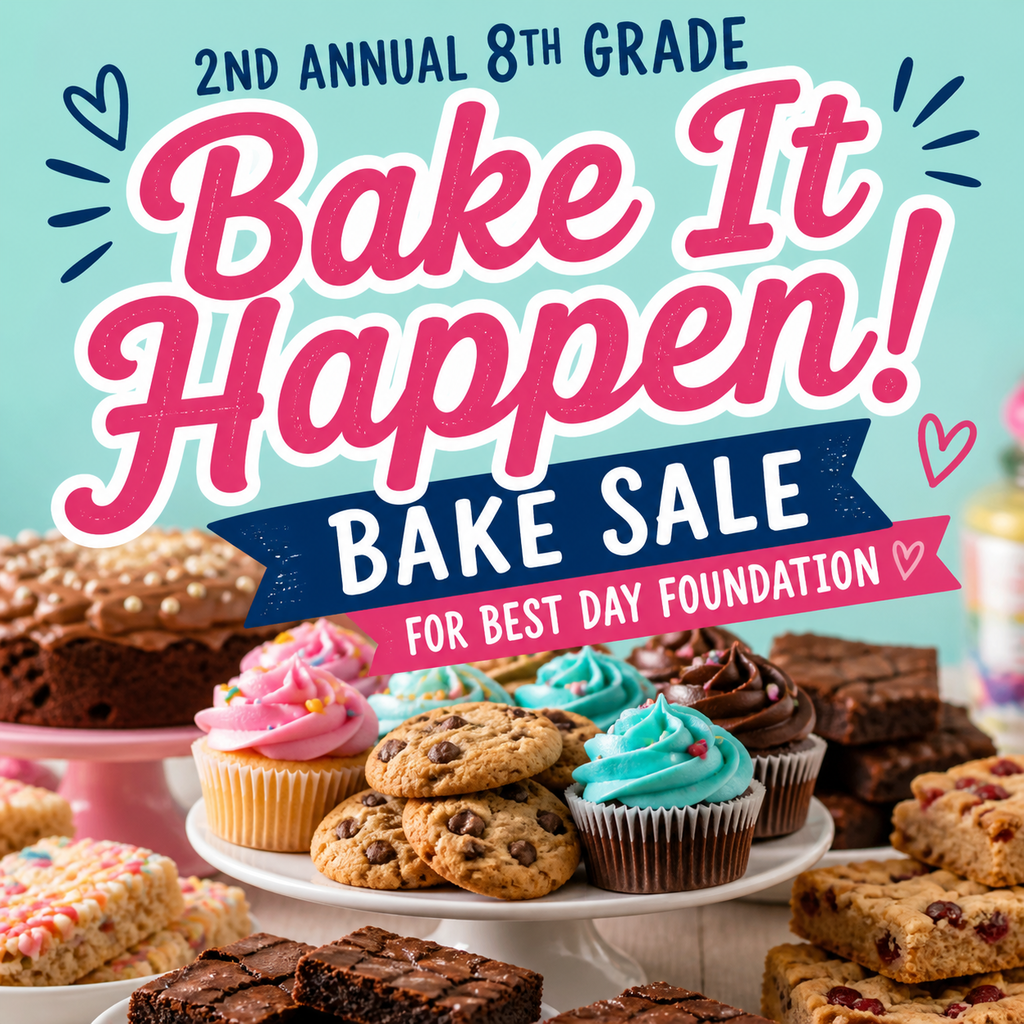 decorative image to announce the Bake It Happen Bake Sale benefitting the Best Day Foundation