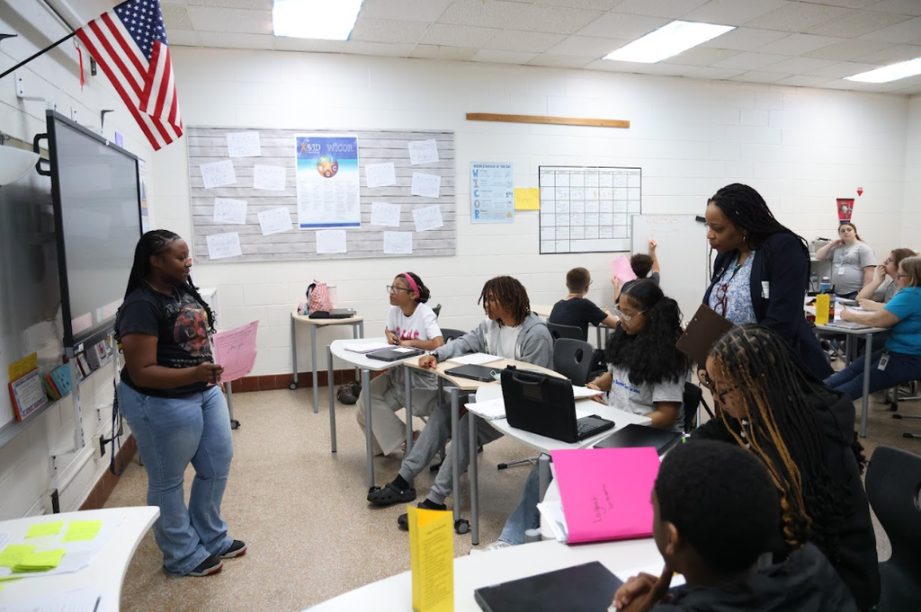 student presenting to peers in an AVID classroom